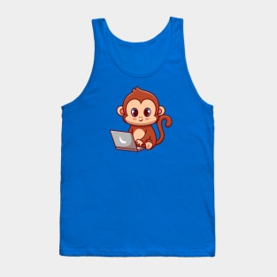 Cute Monkey Working On Laptop Cartoon Tank Top